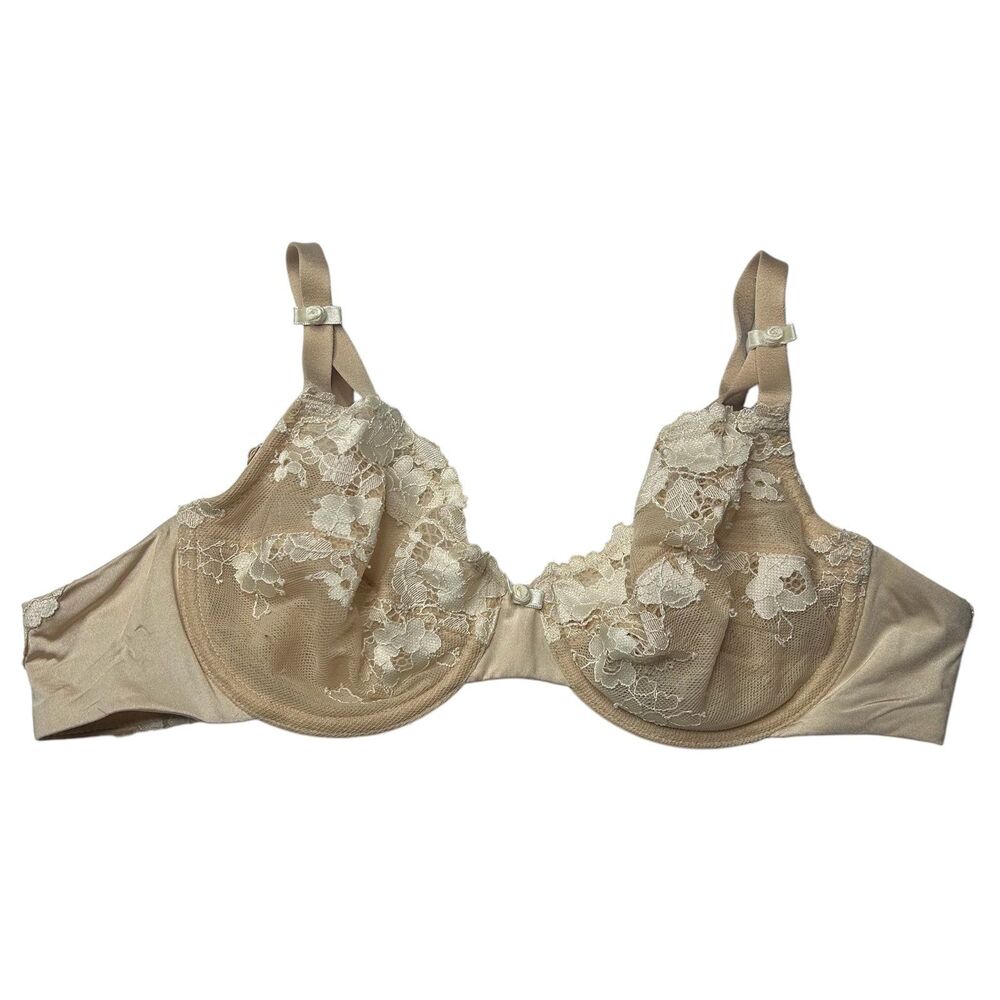 Wacoal Elegance Hidden Wire Minimizer Bra 34C 
Tan & white floral lace